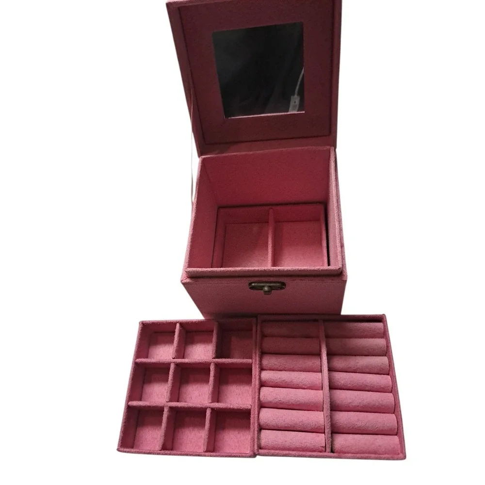 Jewelry box, 3 trays with‎ mirror, pink or purple